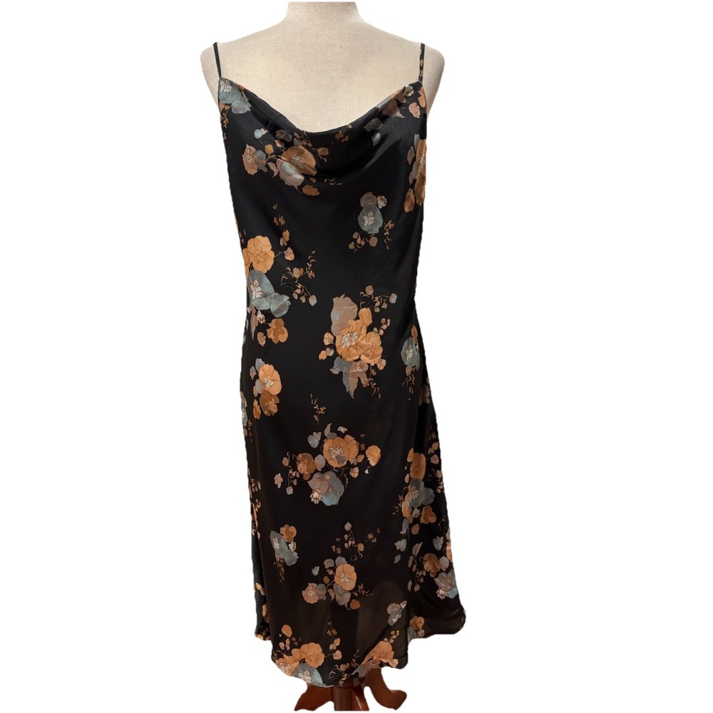 Aritzia Wilfred Only Cowl Neck Bias Cut Slip  Dress Floral Black Copper Blue Lg